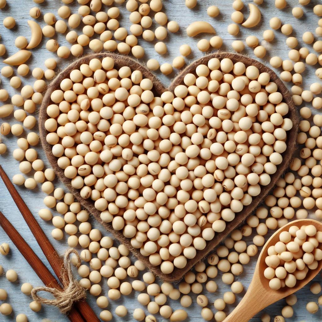 DALL·E 2024 06 26 22.20.52 A heart shaped arrangement of soybeans symbolizing the heart health benefits of consuming soy
