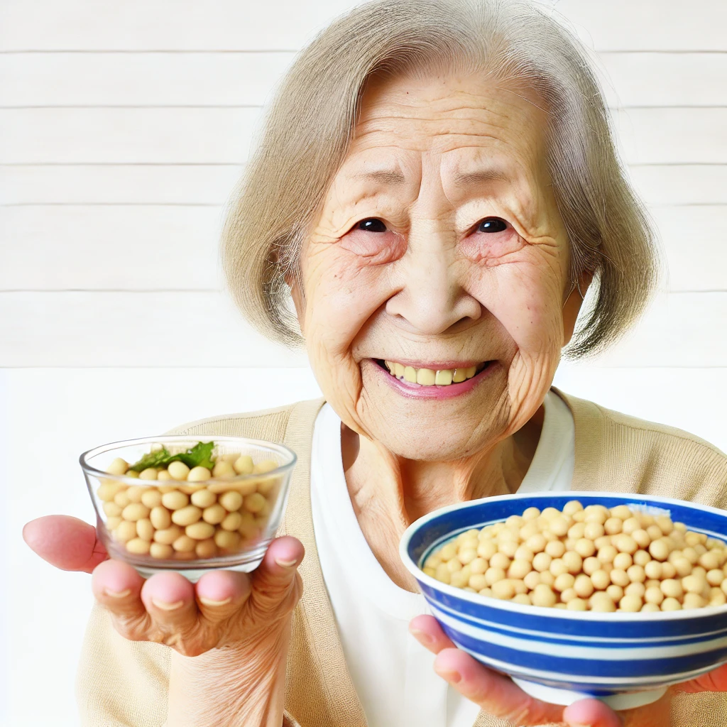 DALL·E 2024 06 26 22.20.53 An elderly woman smiling while holding a bowl of cooked soybeans emphasizing the benefits of soy for aging and health