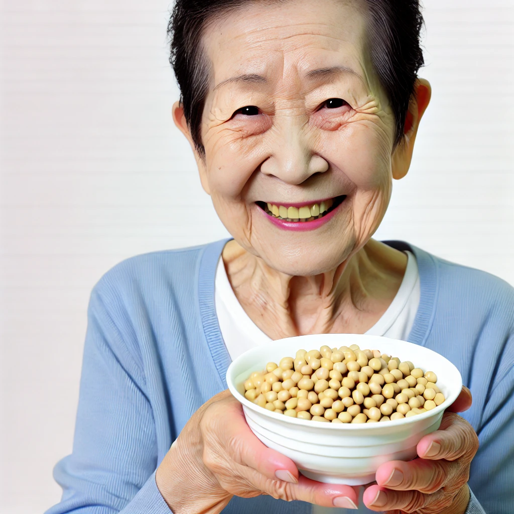 DALL·E 2024 06 26 22.20.54 An elderly woman smiling while holding a bowl of cooked soybeans emphasizing the benefits of soy for aging and health 1