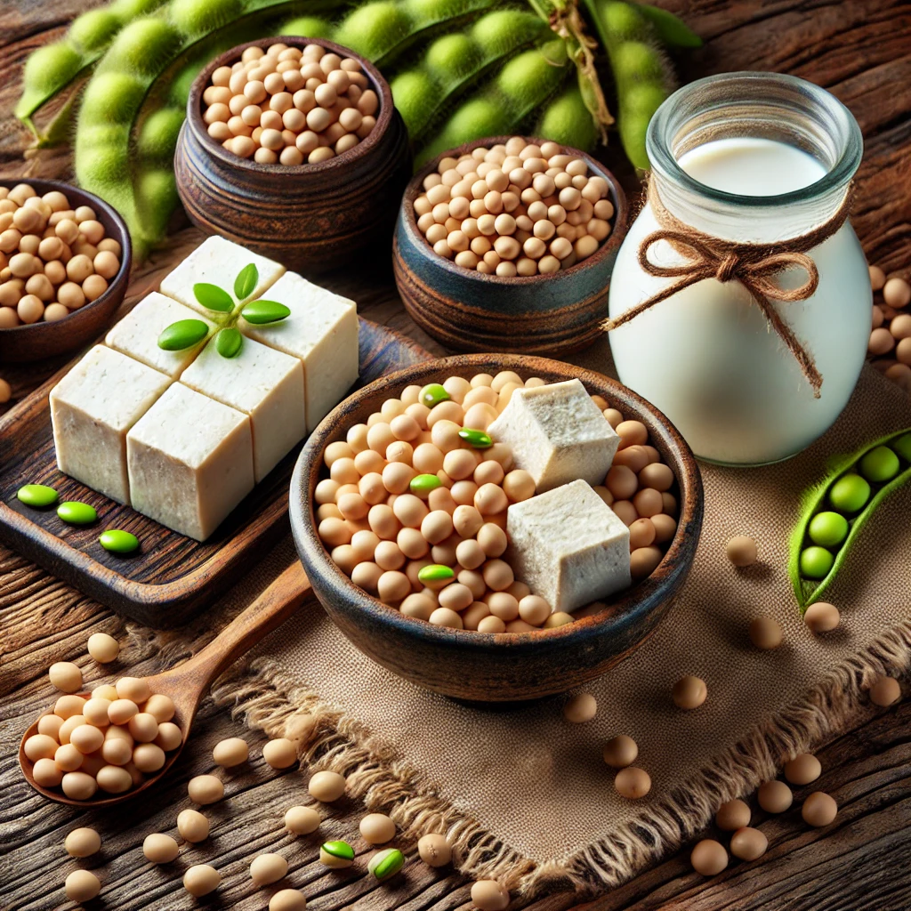DALL·E 2024 06 26 22.20.56 A detailed close up of soybeans and soybean products including tofu soy milk and edamame displayed on a rustic wooden table