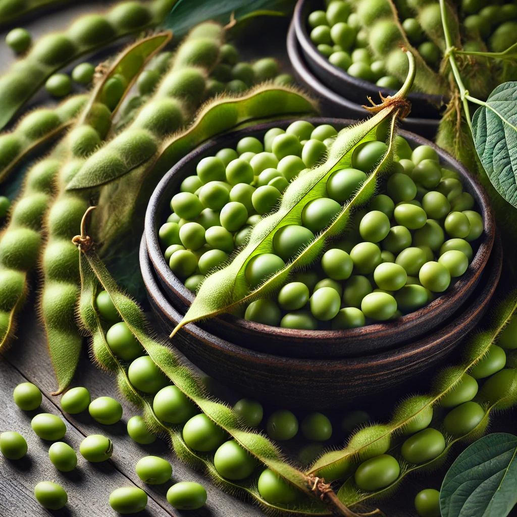 DALL·E 2024 06 26 22.20.57 An assortment of fresh soybeans in their pods showcasing their vibrant green color and natural