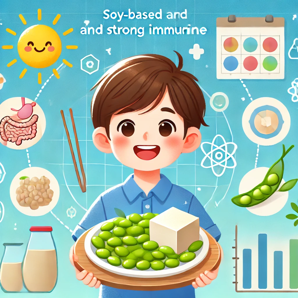 DALL·E 2024 06 26 22.23.05 A happy child holding a plate of soy based foods such as tofu and edamame with icons representing growth and strong immune system set in a bright a