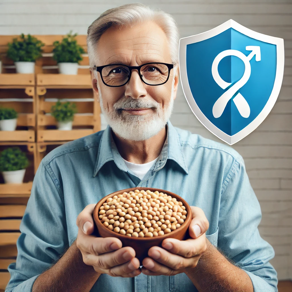 DALL·E 2024 06 26 22.23.29 A middle aged man holding a bowl of soybeans with a shield icon representing protection from prostate cancer set in a medical or health